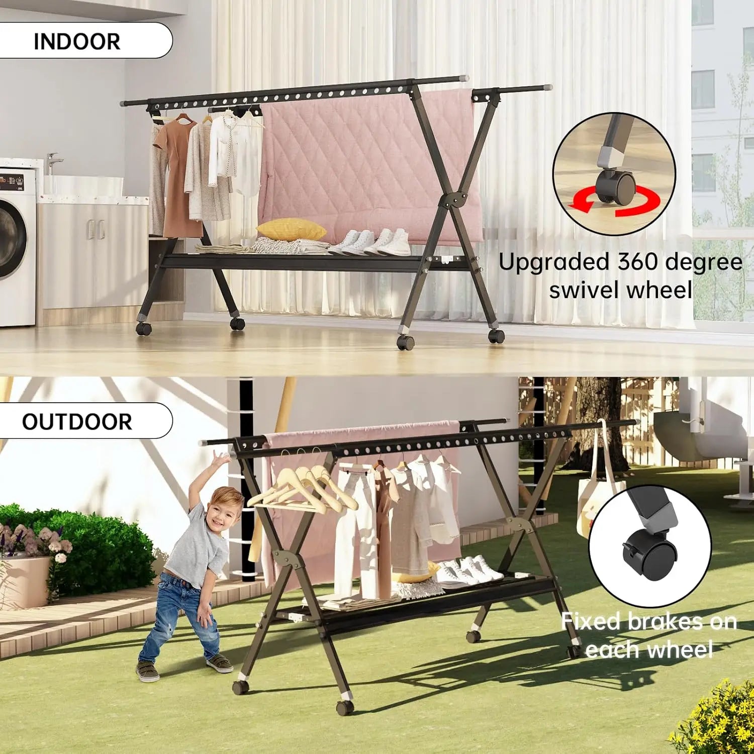 Foldable Clothes Drying Rack with Wheels – Aluminum Alloy Laundry Stand, Indoor & Outdoor Portable Garment Dryer