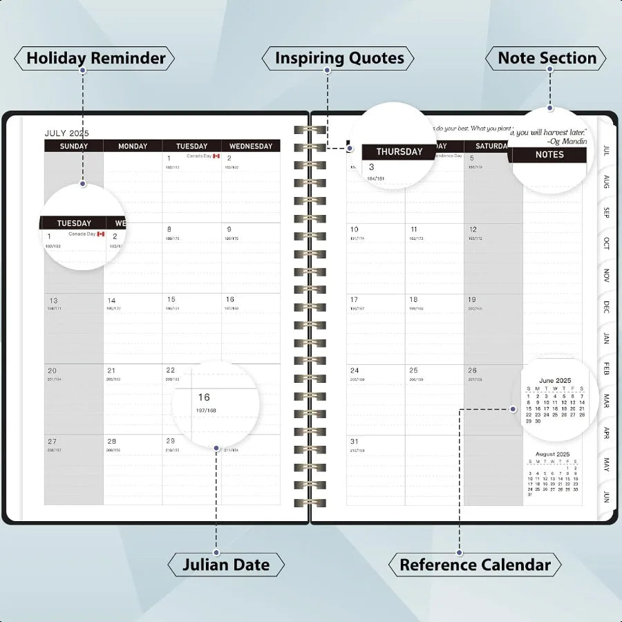 2025–2026 Daily, Weekly & Monthly Planner – Spiral Agenda with Tabs, Inner Pocket & Notes Pages