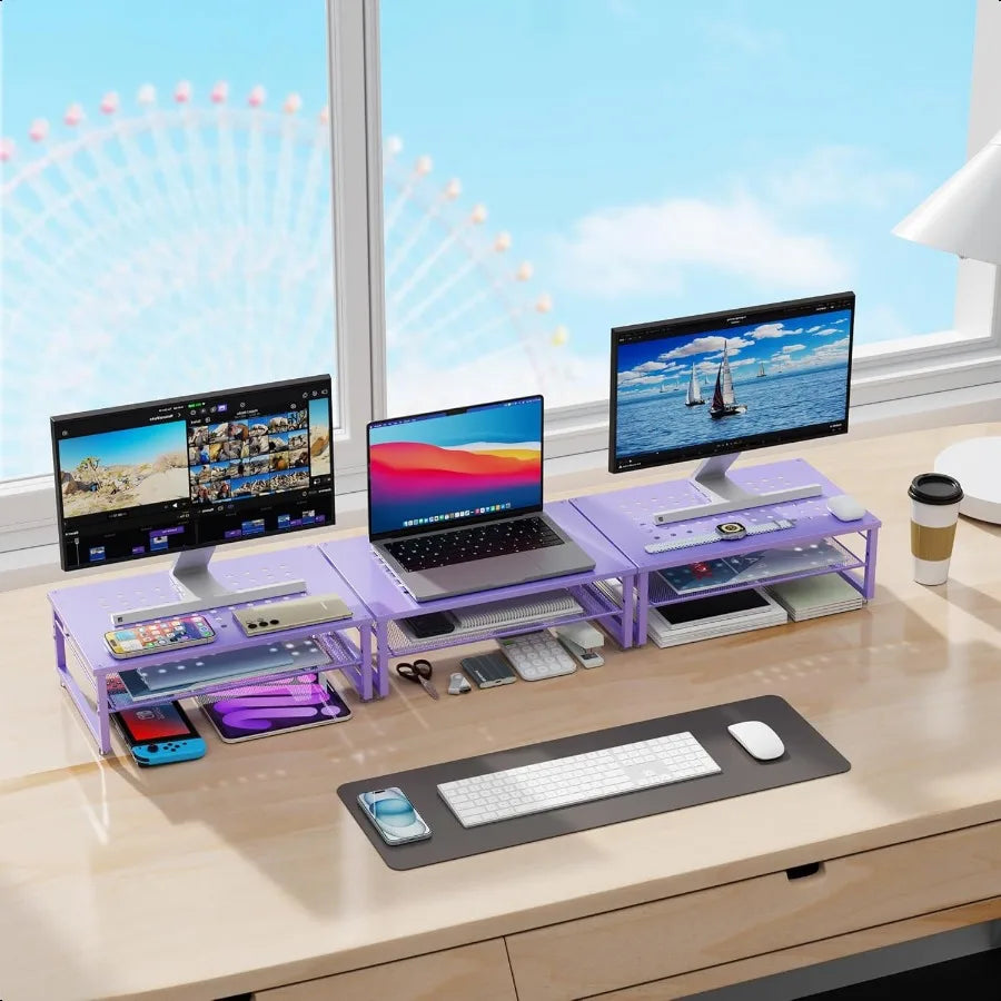 2-Tier Metal Monitor Stand Riser – Office Desk Storage Organizer for Computer, Laptop & Printer with Purple Finish
