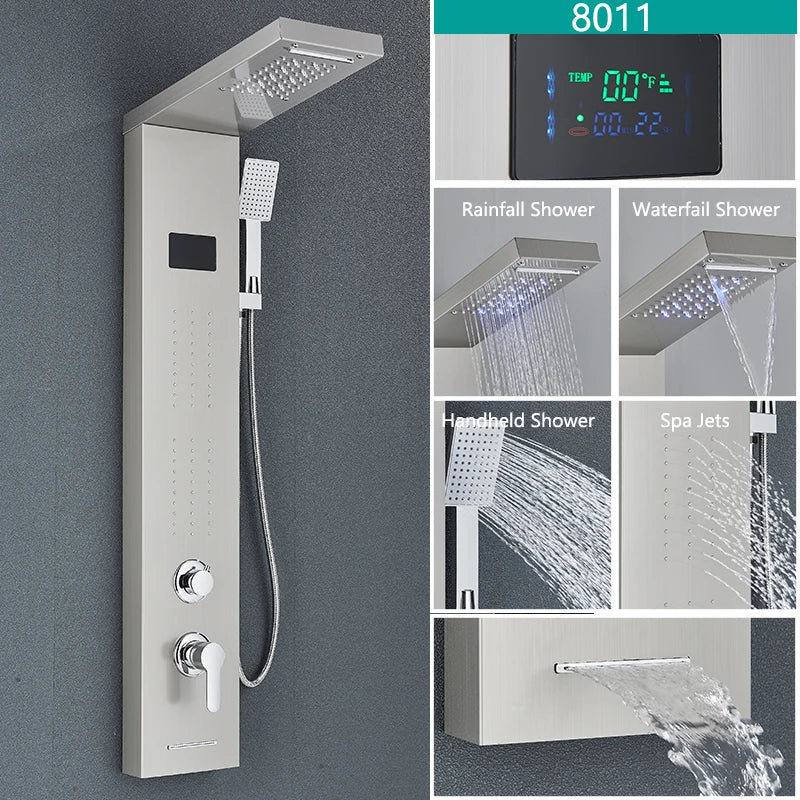 LED Waterfall Shower Panel Tower Set – Body Massage Jets & Rainfall Shower System
