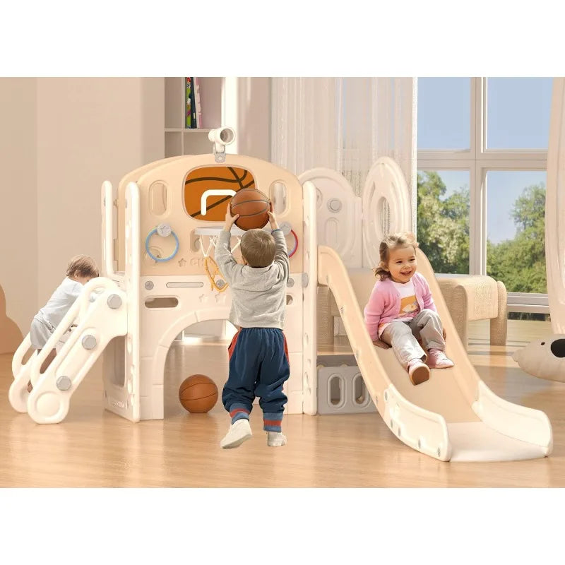 XJD 8-in-1 Toddler Slide & Climber Playset – Indoor/Outdoor Kids Playground Set with Basketball Hoop & Ball