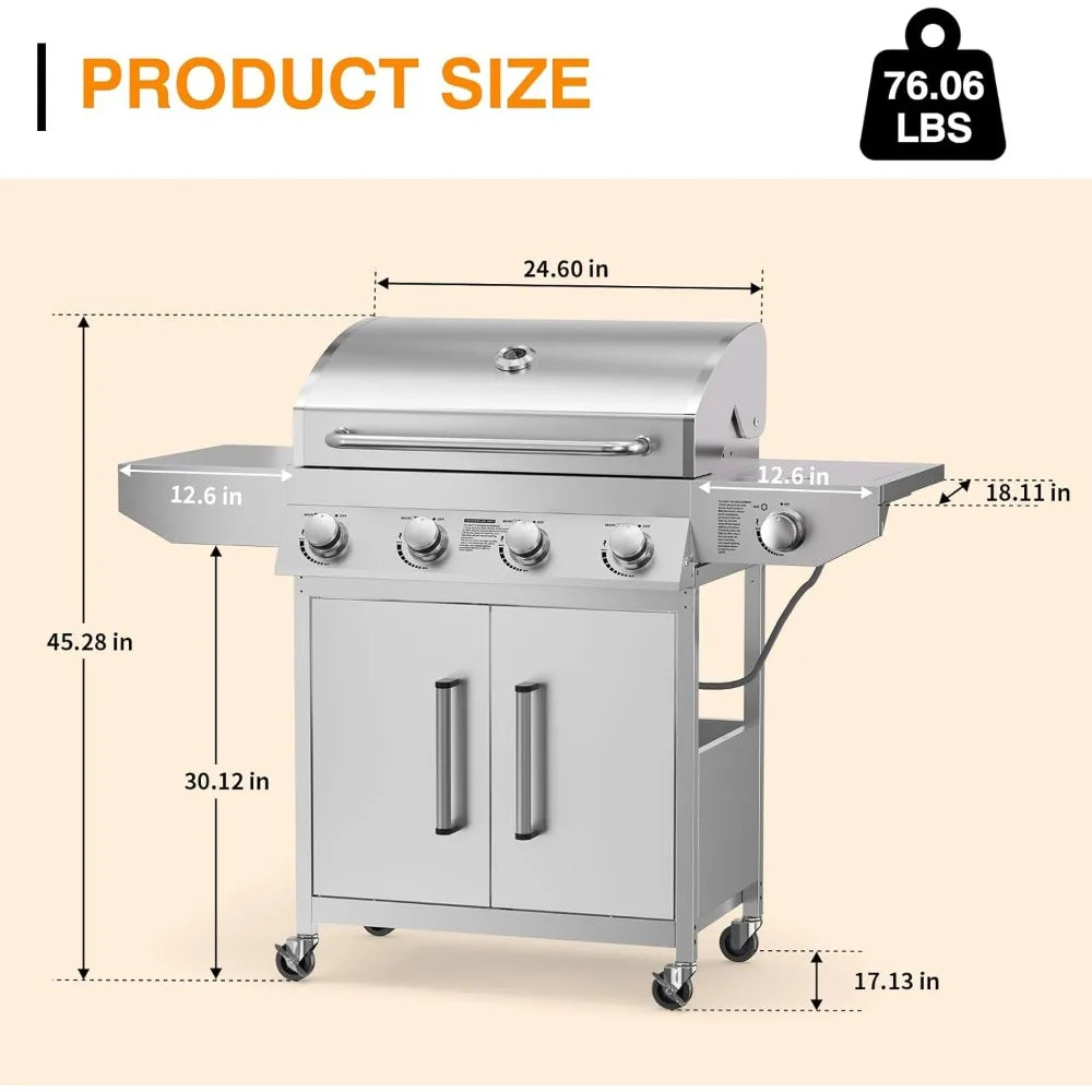 “4-Burner Propane Gas Grill with Side Burner – Stainless Steel BBQ with Thermometer & Enameled Cast Iron Grates”