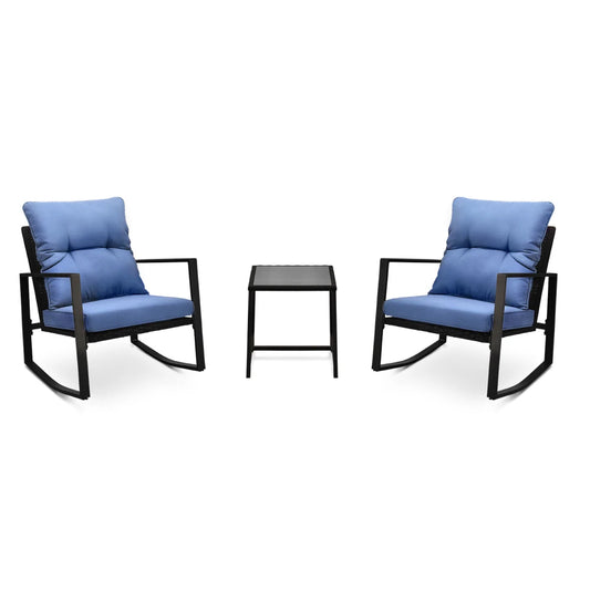 “3-Piece Patio Bistro Set – Outdoor Rocking Chairs with Blue Cushions & Glass-Top Table for Garden, Yard & Poolside”