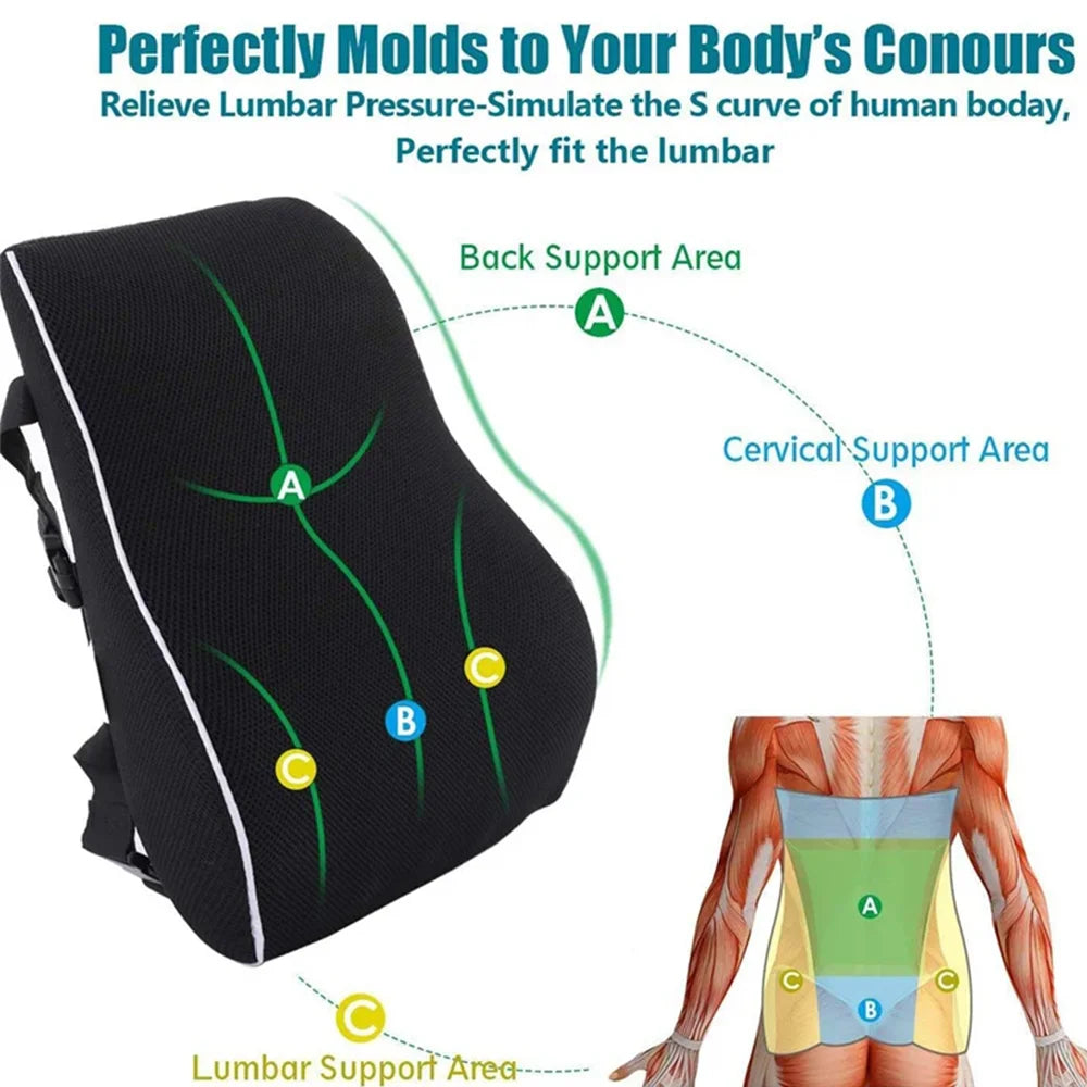 Lumbar Support Pillow – Memory Foam Back Cushion for Car, Office & Gaming Chairs, Soft Ergonomic Waist Support