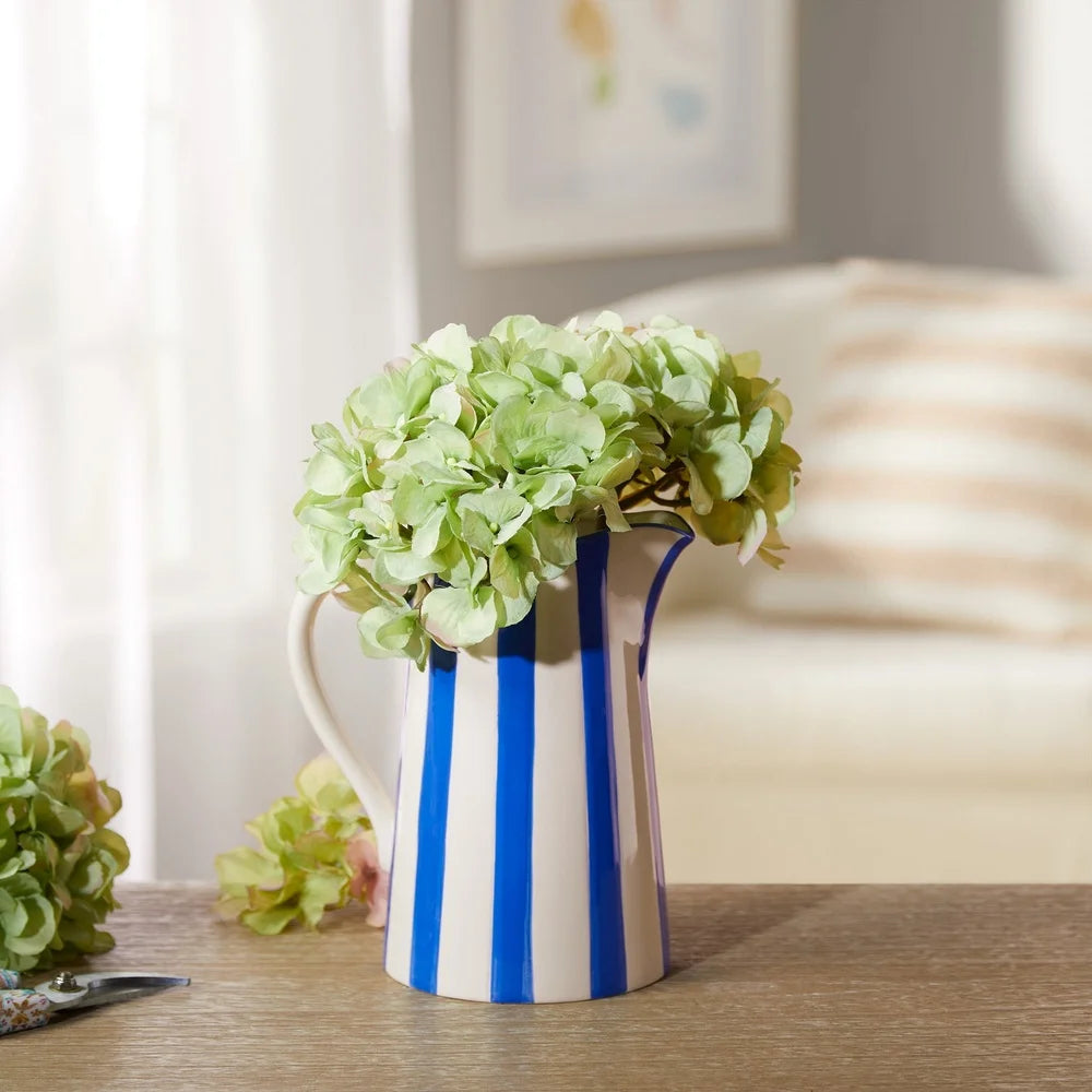 Handcrafted Ceramic Blue Stripe Pitcher Vase – Elegant Decorative Jug for Fresh & Artificial Flower Arrangements | Mediterranean Home Décor