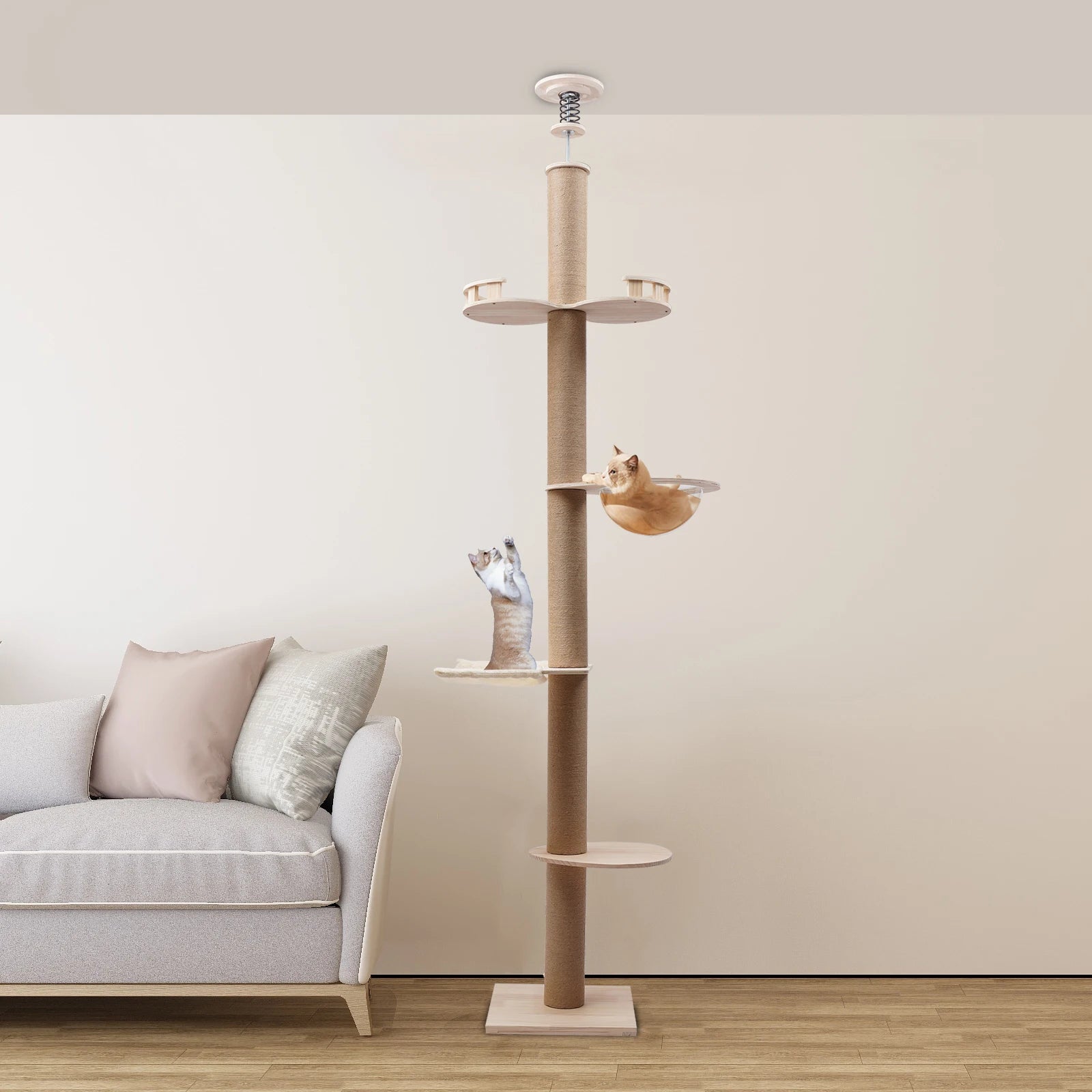 4-Tier Cat Tree Tower – Floor-to-Ceiling Adjustable Climbing Furniture with Sisal Rope Scratching Posts for Indoor Cats & Kittens