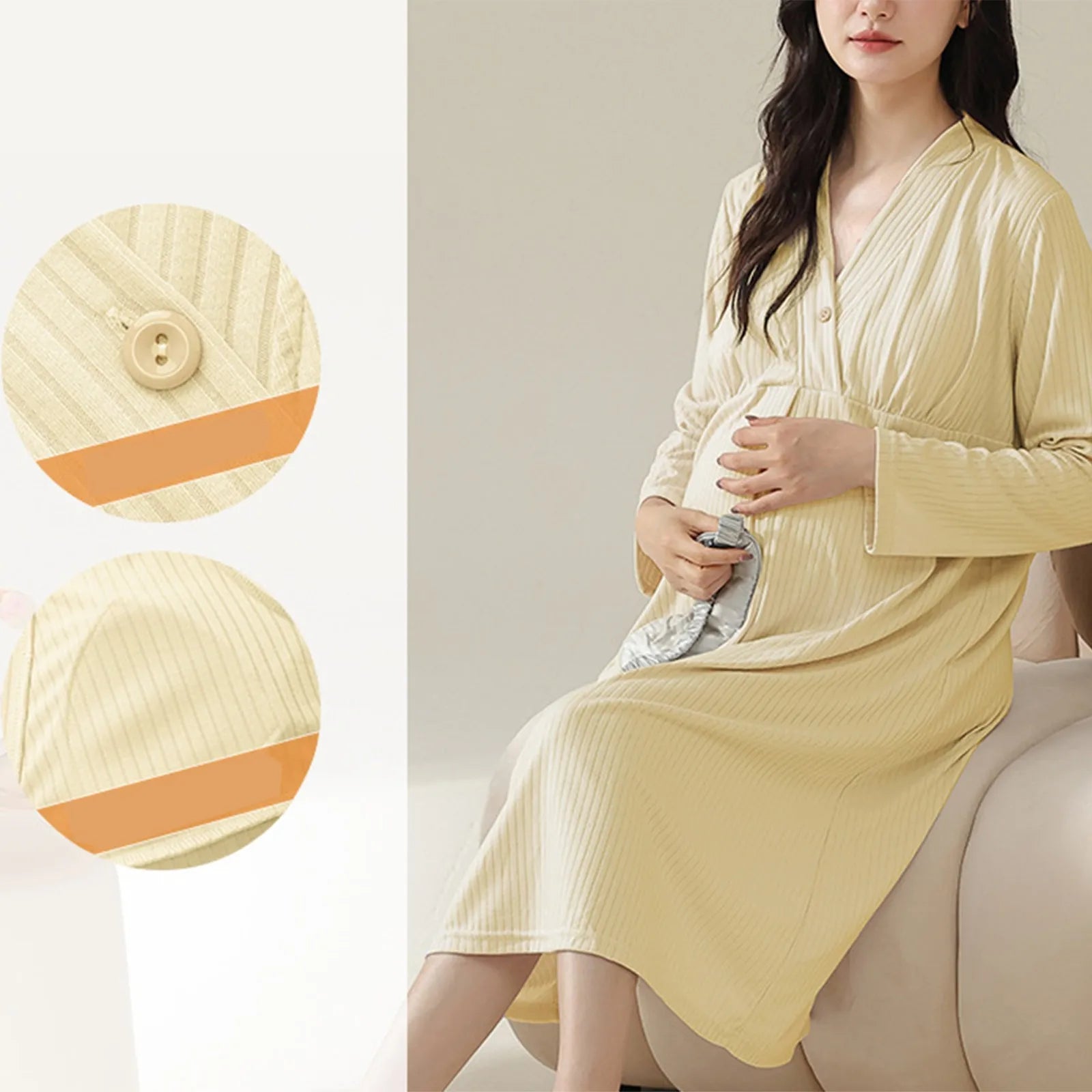 Women’s Maternity Nightdress – Long Sleeve Breastfeeding Summer Dress with Thin Fabric & Built-In Breast Pads