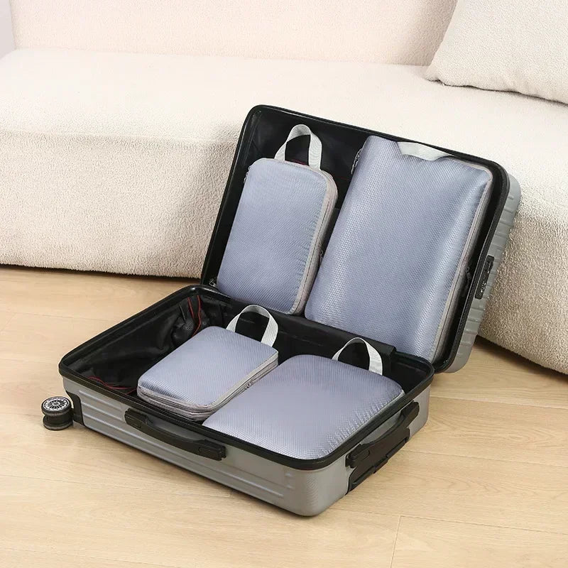 4-Piece Compression Packing Cube Bag Set – Travel & Luggage Storage Organisers with Shoe Bag, Waterproof Mesh & Zipper