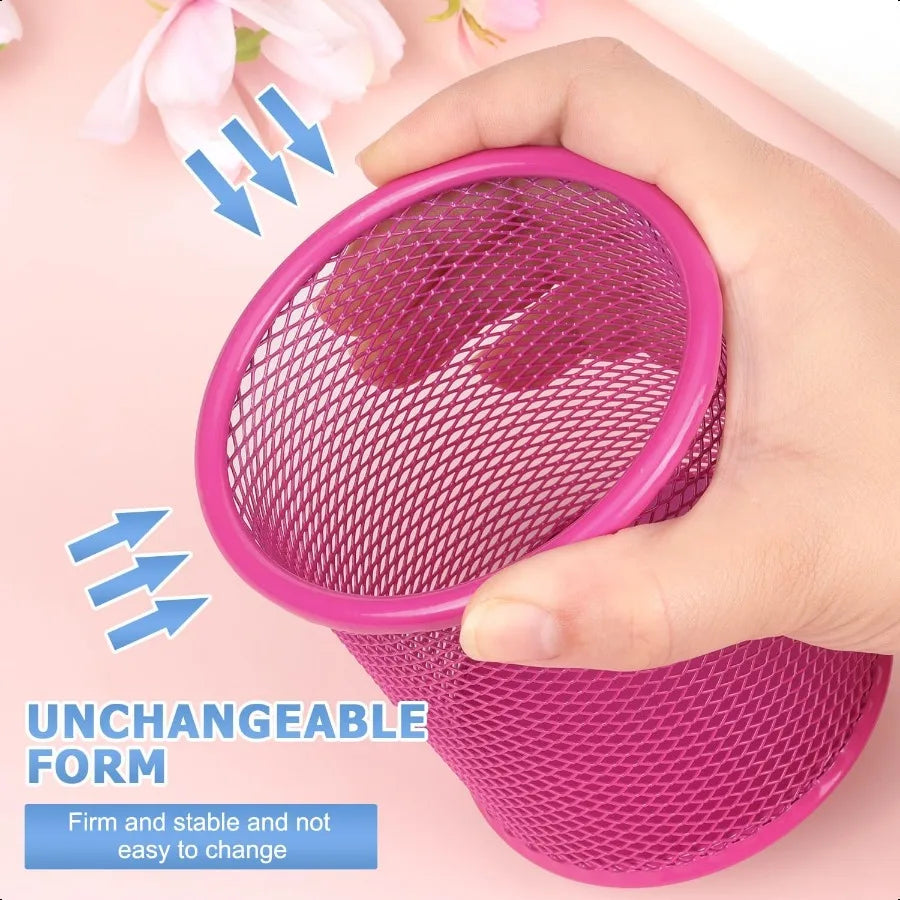 Wire Mesh Pencil & Pen Holder Cup – Pink Metal Desk Organizer for Office & Study
