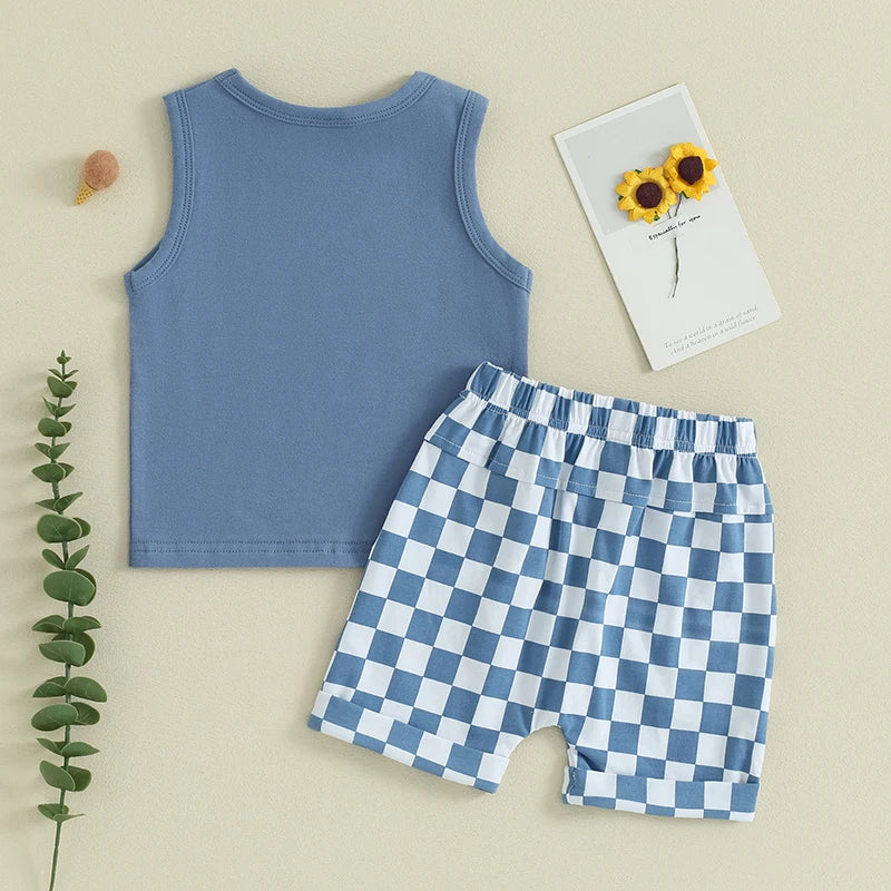 Baby Boy Summer Outfit – 2 Pcs Sleeveless Tank Top & Checkered Shorts Set for Toddler Casual Wear