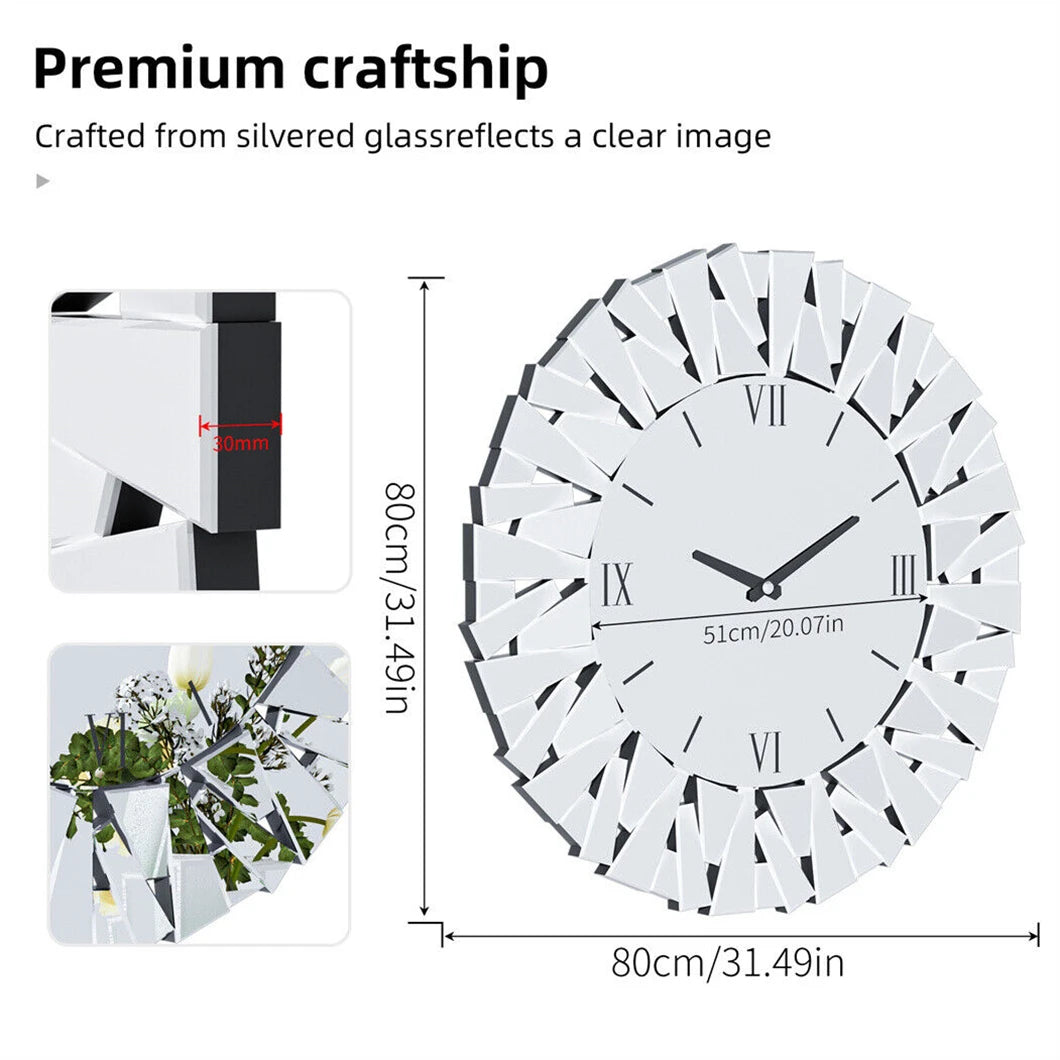 Large 3D Mirrored Wall Clock – Sunburst Round Roman Numeral Design (32–80cm) for Modern Living Room, Dining Room & Fireplace Décor