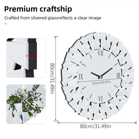 Large 3D Mirrored Wall Clock – Sunburst Round Roman Numeral Design (32–80cm) for Modern Living Room, Dining Room & Fireplace Décor