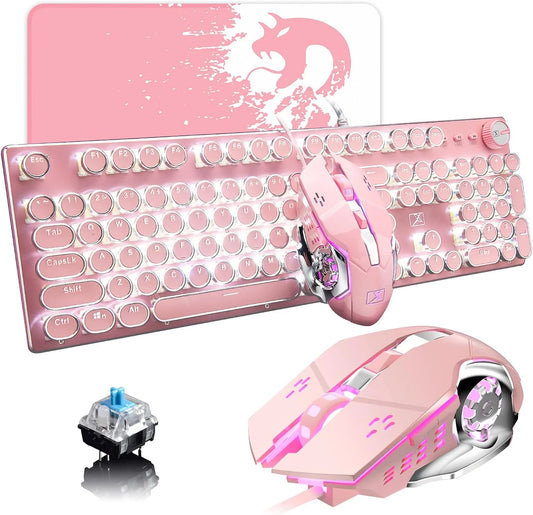 Retro Steampunk Gaming Keyboard & Mouse Combo – Vintage Typewriter Style 104-Key Mechanical Keyboard with White Backlight & Anti-Ghosting