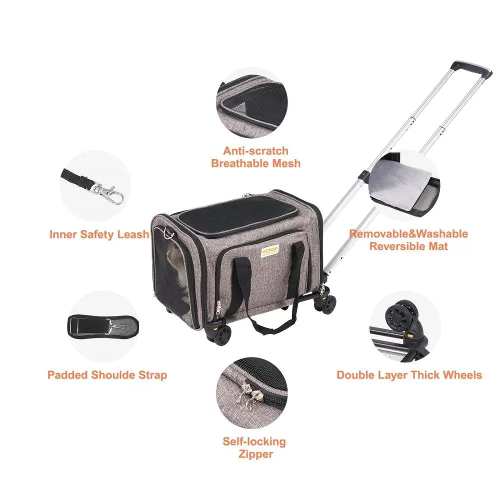 Airline-Approved Cat & Dog Carrier with Wheels – Rolling Travel Bag with Telescopic Handle, Ventilated Design & Shoulder Strap