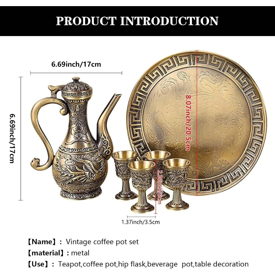Vintage Turkish Coffee Pot & Cup Set with Metal Tray – Elegant Tea/Coffee Service for 4