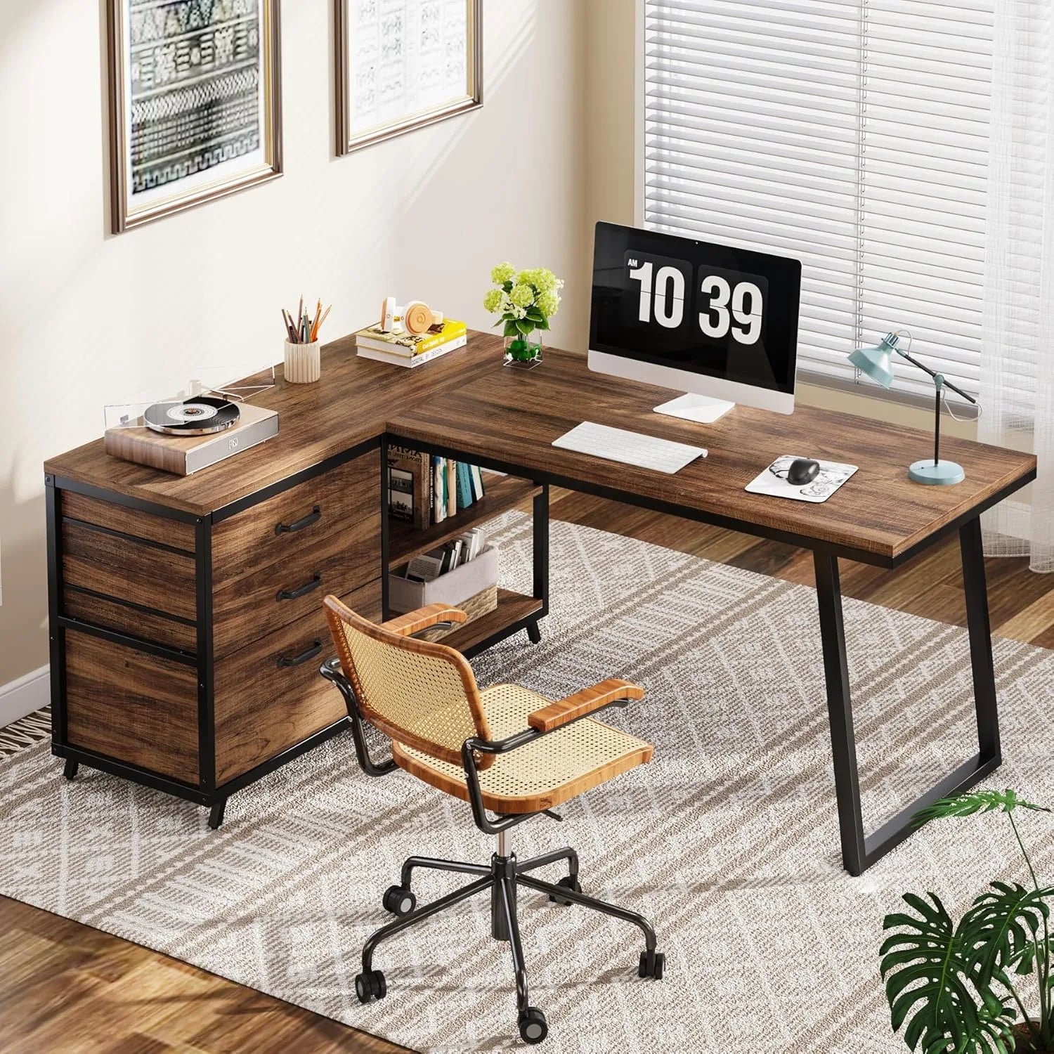 🖥️ 53" L-Shaped Computer Desk – Industrial Home Office Desk with 3 Drawers & Shelves, Rustic Brown Small-Space PC Table
