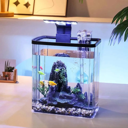 Mini Fish Tank Starter Kit – Ultra White Desktop Aquarium with Filter & Oxygen Generator, Home Decoration & Landscaping