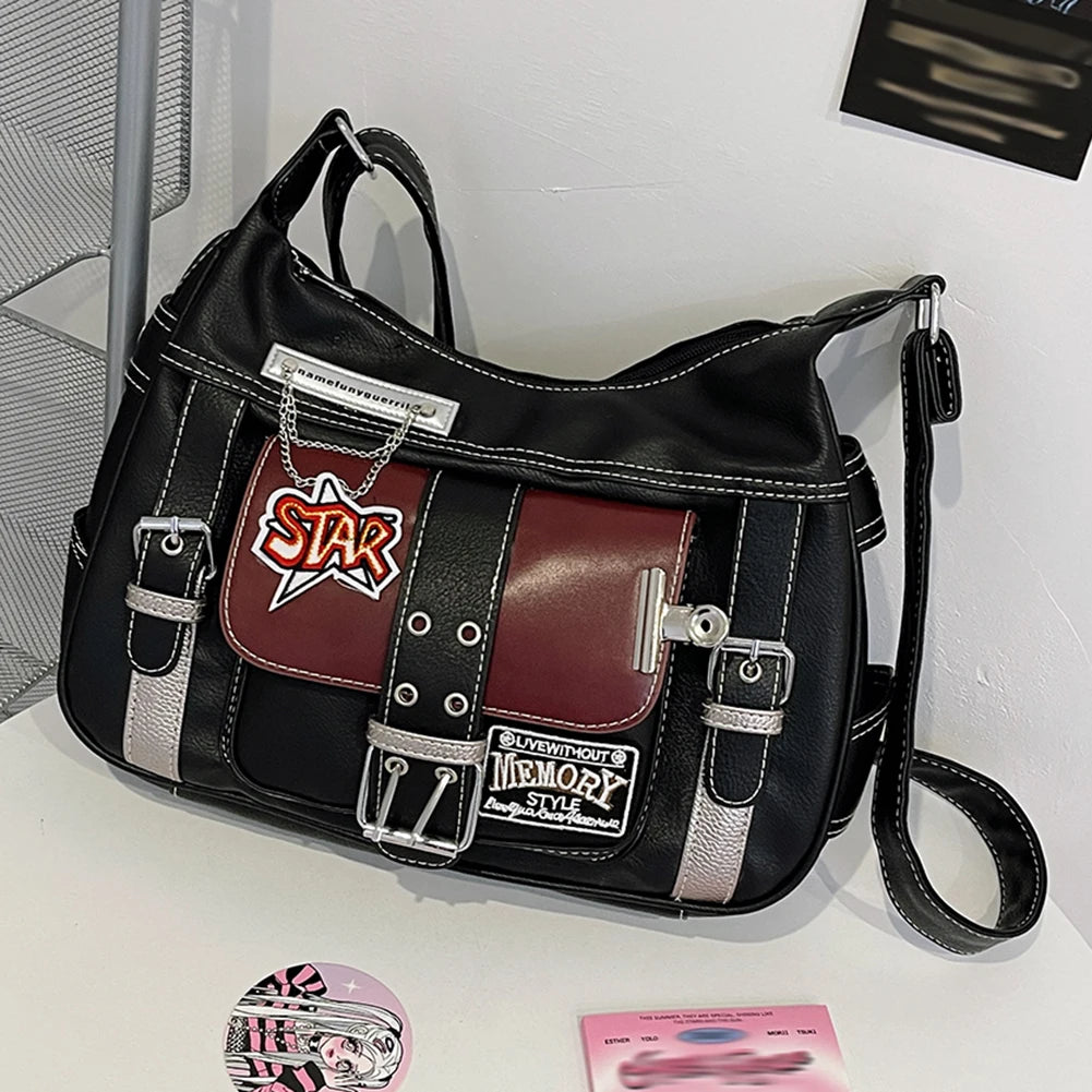 Y2K Punk PU Leather Crossbody Bag – Adjustable Strap Hobo Tote for Women