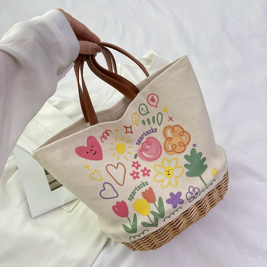 Women’s Straw Shoulder Bag – Patchwork Canvas Printed Bucket Tote with Large Capacity for Shopping & Travel 👜🌴