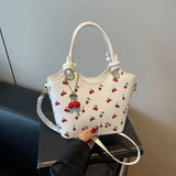 Women’s PU Leather Bucket Shoulder Bag – Cherry Print Crossbody with Adjustable Strap & Top Handle, Trendy Fashion Handbag