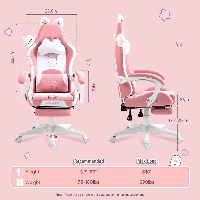 Dowinx Gaming Chair with Cat Ears – Cute Pink Ergonomic Computer Chair with Massage Lumbar Pillow, Headrest & Adjustable Armrests
