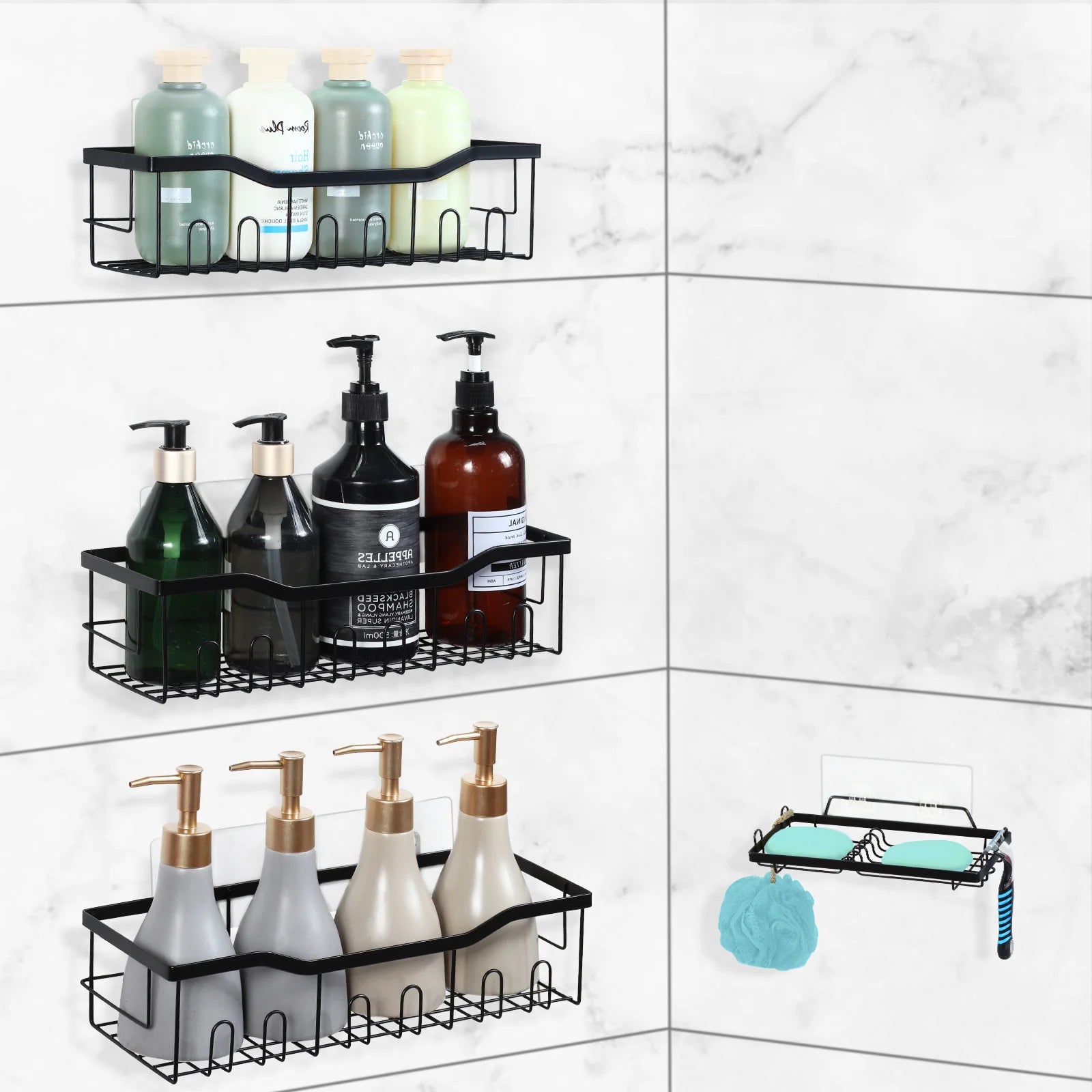 Adhesive No-Drill Wall Mounted Stainless-Steel Shower Organizer Shelf – Sleek & Rust-Resistant