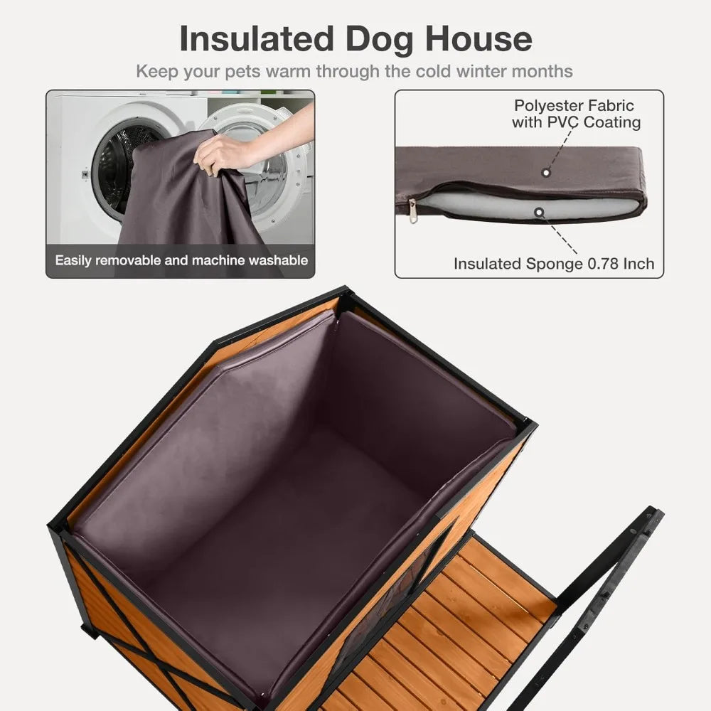 Insulated Outdoor Dog House – Large Weatherproof Fir Wood Shelter with Iron Frame for All Breeds