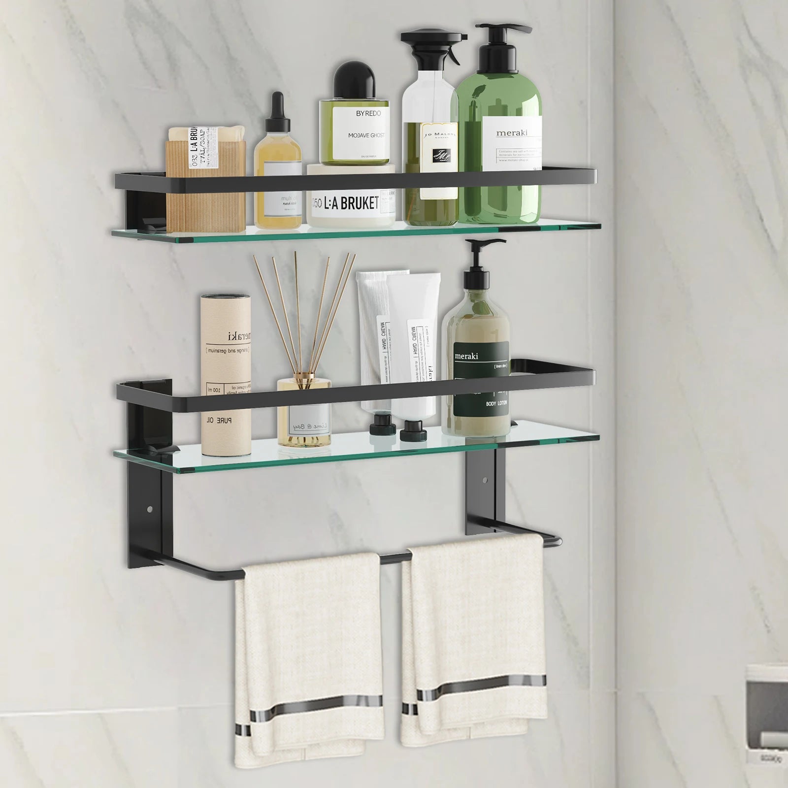 Glass Bathroom Shelf with Towel Bar – 15.7" Rustproof Metal 2-Tier Wall Organizer