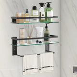 Glass Bathroom Shelf with Towel Bar – 15.7" Rustproof Metal 2-Tier Wall Organizer