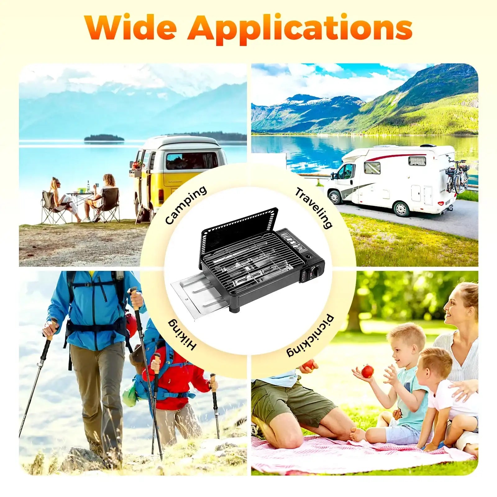 Portable Butane Gas Grill Stove with Dual Inlets, Adjustable Firepower & Carrying Case – Outdoor Camping BBQ