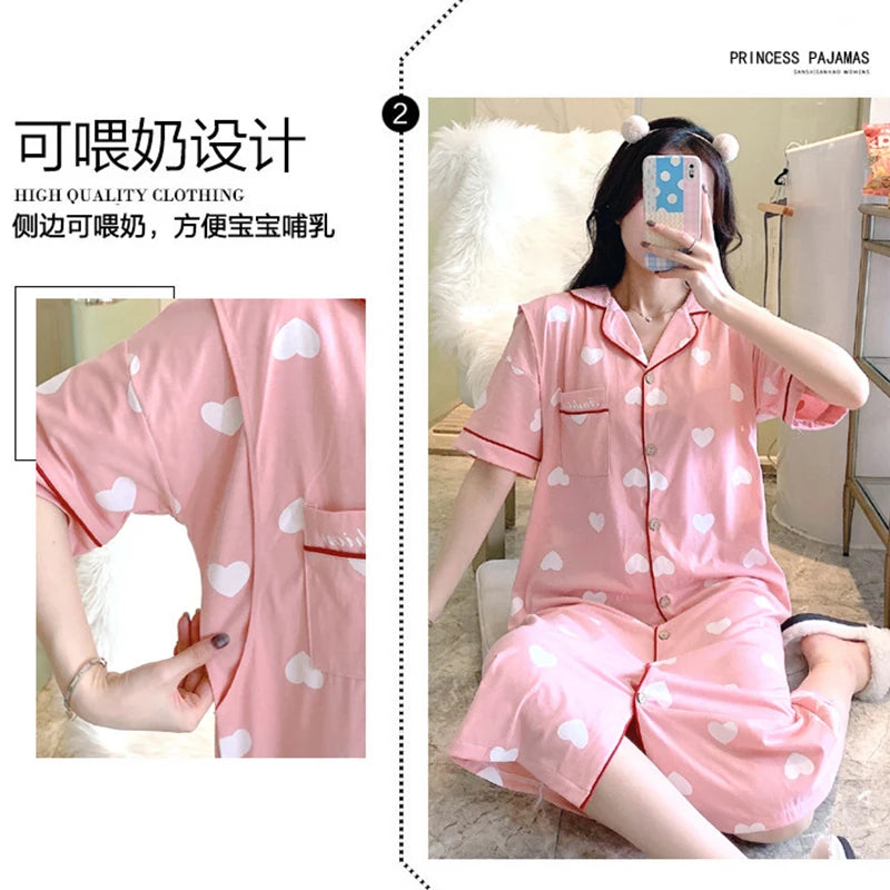 Women’s Cotton Maternity Pajama Dress – Short Sleeve Striped Nursing Sleepwear, Breastfeeding Loungewear Gown