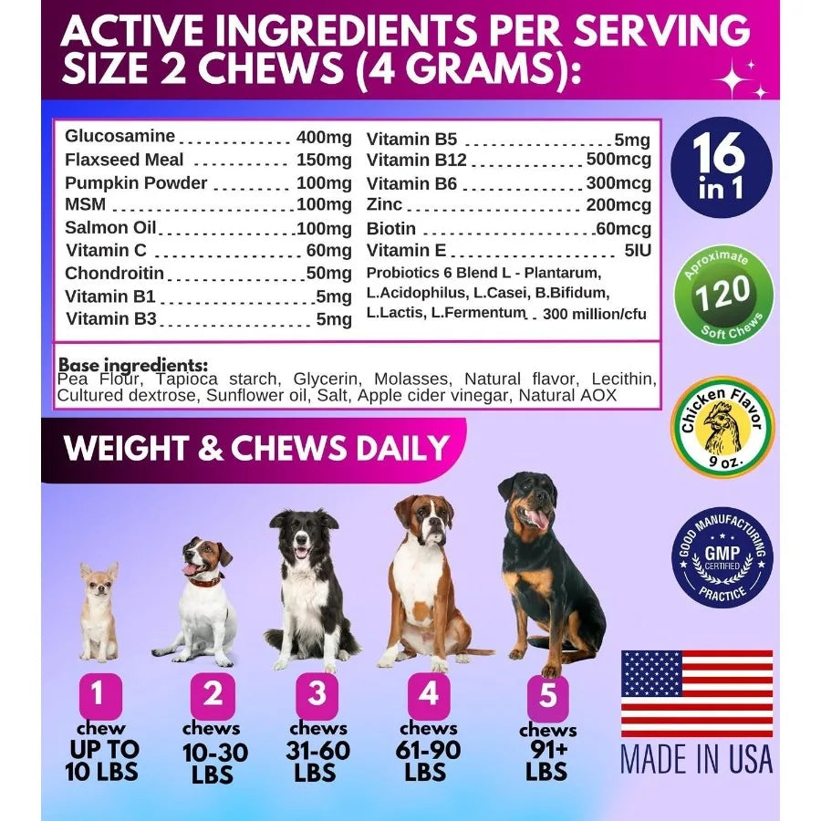 Dog Multivitamin Chewables – 16-in-1 Vitamins with Glucosamine for Hip & Joint, Senior Dogs & Puppies, Overall Health