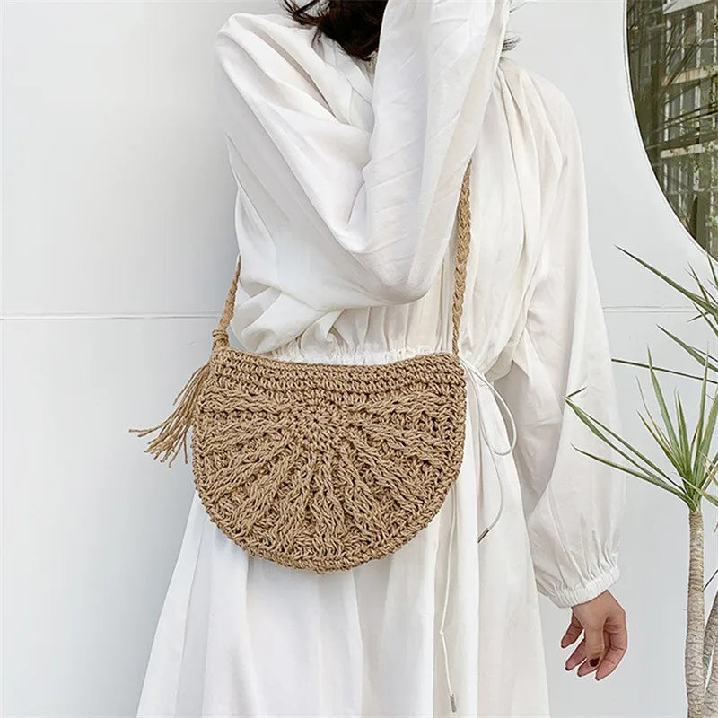 Half-Moon Woven Straw Crossbody Bag – Summer Beach Rattan Tote for Women