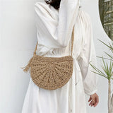 Half-Moon Woven Straw Crossbody Bag – Summer Beach Rattan Tote for Women