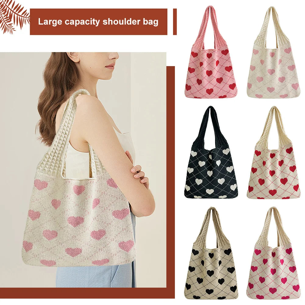 Heart-Pattern Large Capacity Tote Bag – Solid-Colour Shoulder Bag for Women