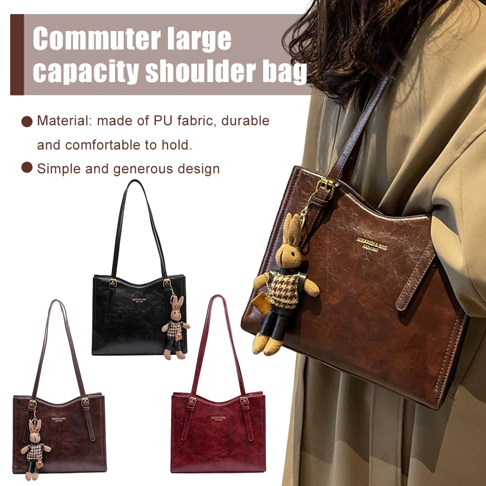 Women’s Vintage Shoulder Tote Bag – Retro Large-Capacity Handbag with Pendant, Fashion Shoulder Purse for Travel & Daily Use