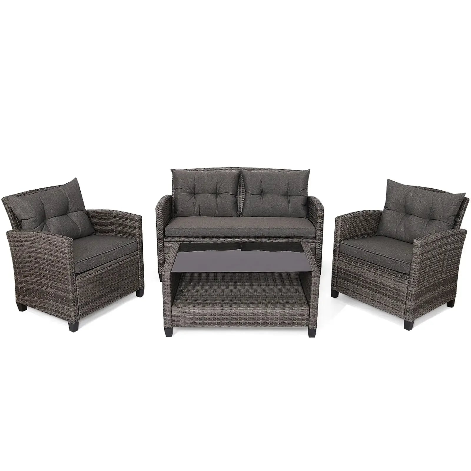 “4-Piece Rattan Patio Conversation Set – Outdoor Furniture with Cushioned Loveseat, 2 Chairs & Coffee Table”