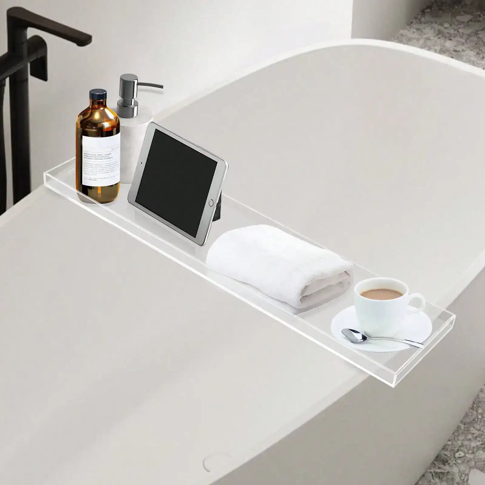 Expandable Bathtub Caddy Tray with Wine Glass & Book Holder – Luxury Acrylic/ Bamboo Bath Table Rack