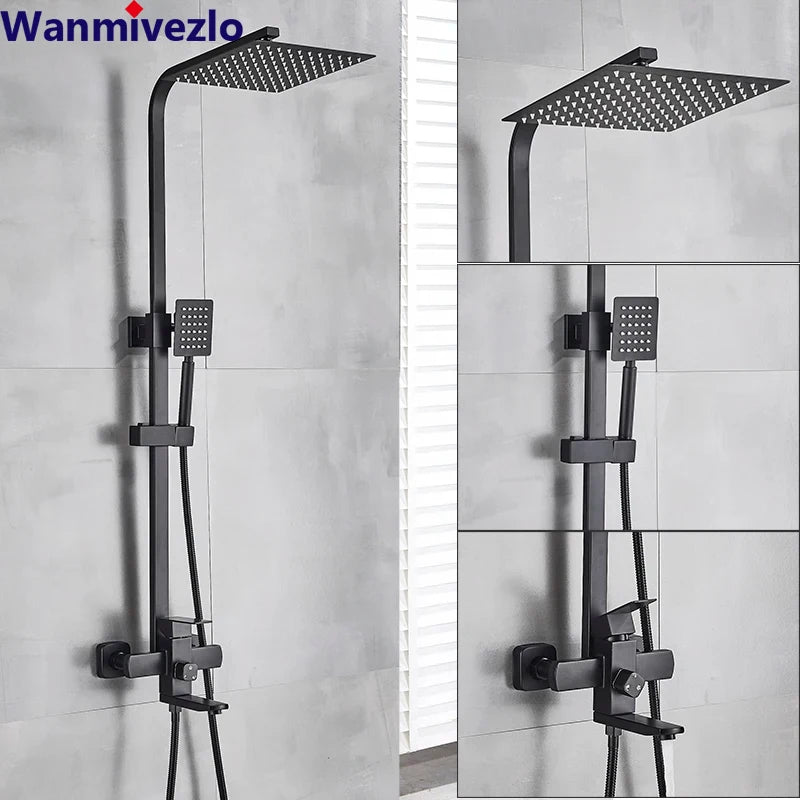 Modern Matte Black Square Rainfall Shower Faucet Set – Wall-Mounted, Single-Handle Mixer, High-Flow 8″ Shower Head