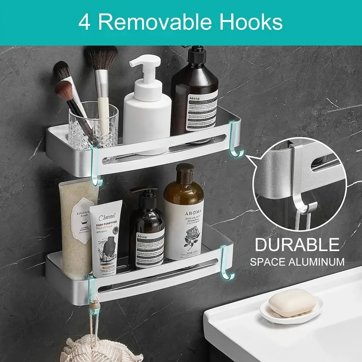 2-Pack Aluminium Tower Shower Caddy & Shelves Set with Hooks – Bathroom Storage Organizer