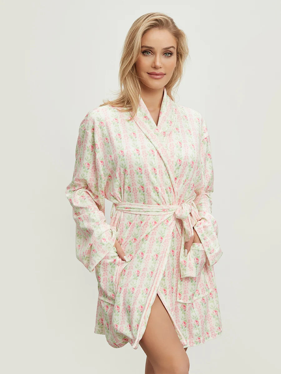 Women’s Elegant Floral Long Sleeve Robe – Belted Lapel-Collar Loungewear with Pockets for Spring & Autumn Nights