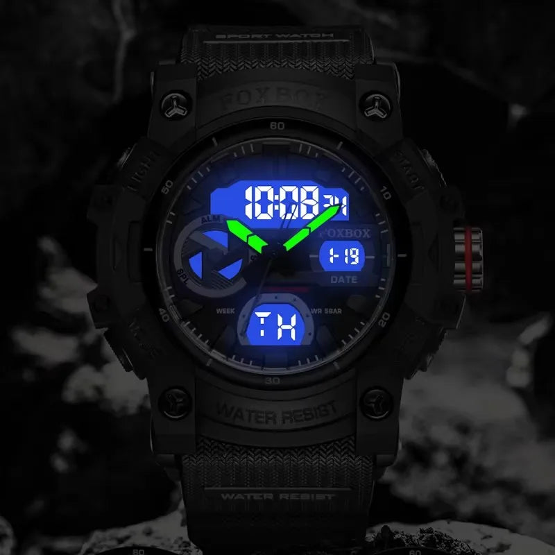 FOXBOX Men’s Sport Watch ⌚ – Shock Resistant, 50M Waterproof, LED Display, Alarm & Stopwatch