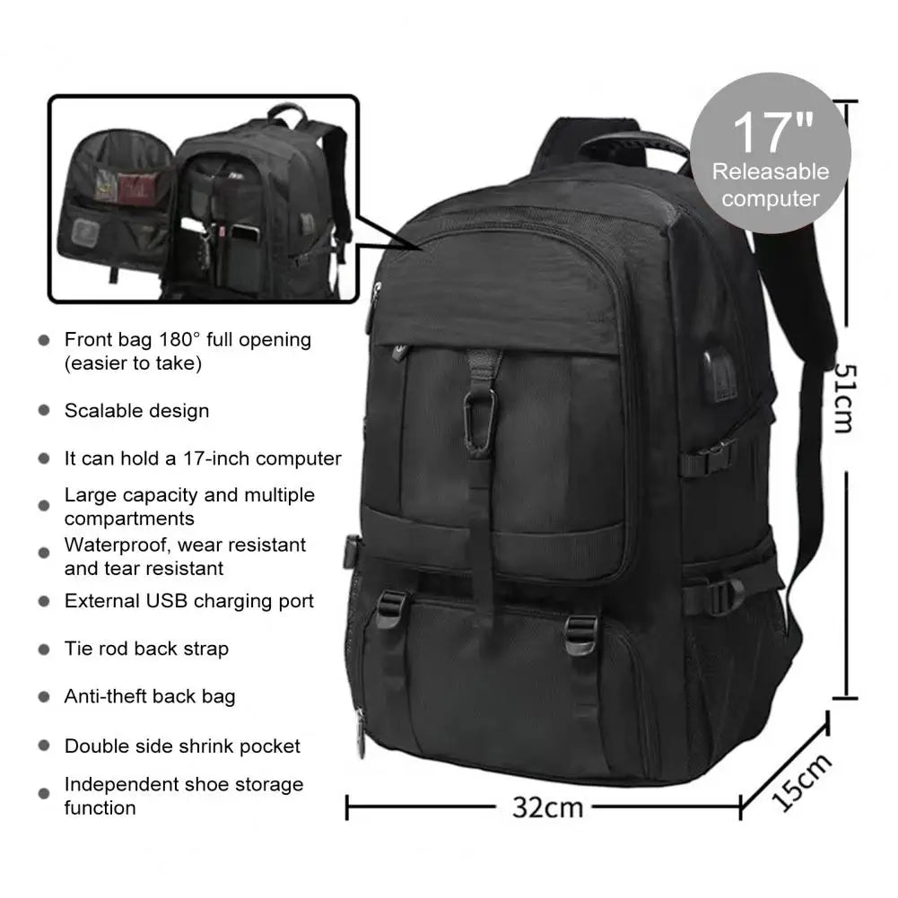 50–80L Men’s Waterproof Travel Laptop Backpack – Large-Capacity USB Charging Business & School Bag | Outdoor Sports Daypack