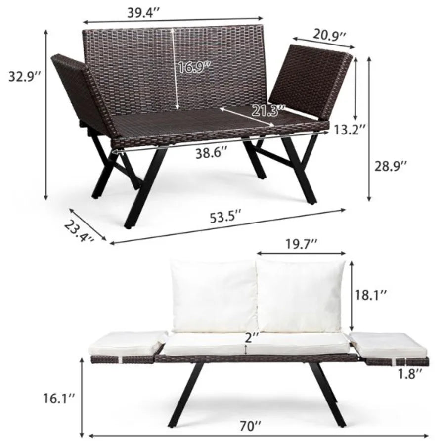 “Outdoor Rattan Sofa – Convertible Daybed or Double Chair with Adjustable Armrests, Cushions & Pillows for Patio & Garden”