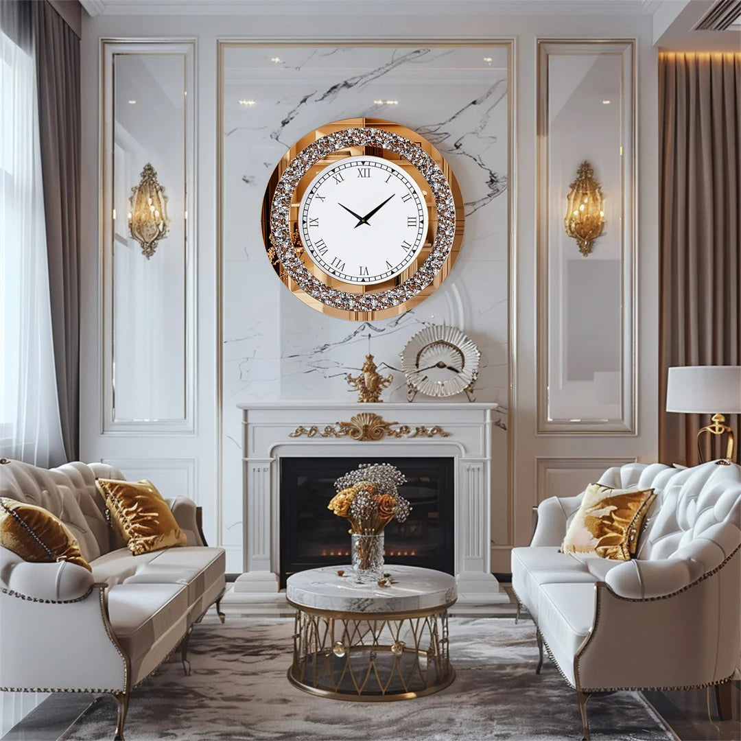 Luvodi Crystal Mirror Wall Clock – Sparkle Bling Diamond Round Wall Clock with Silver & Tawny Crushed Crystal Detailing