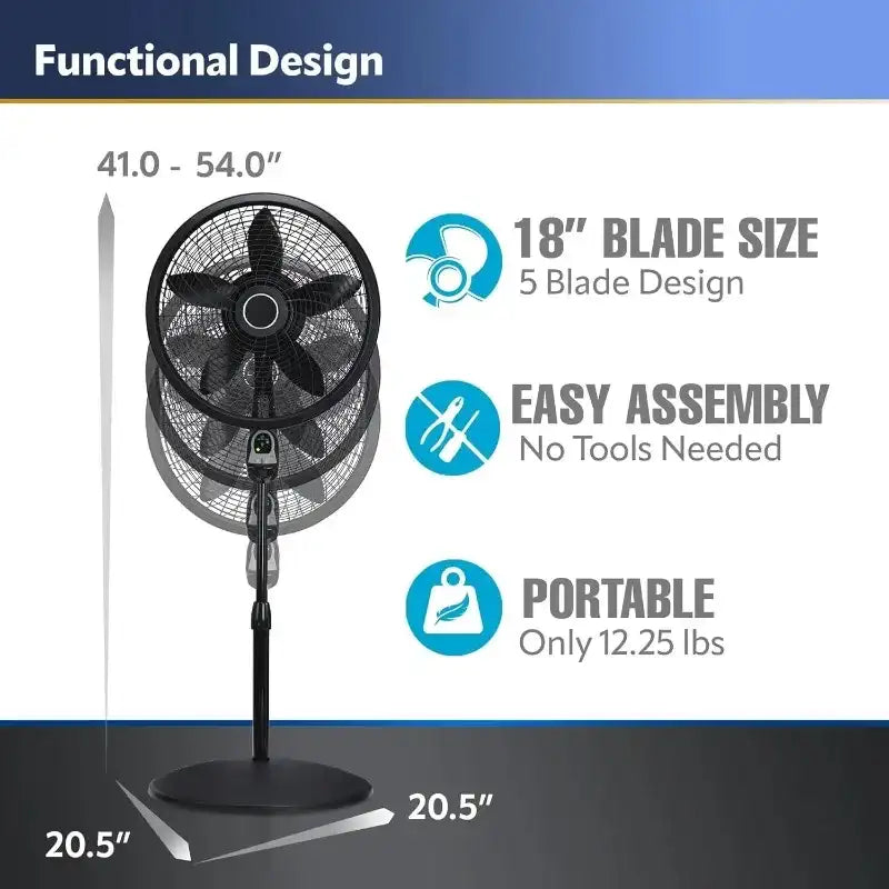 18″ Oscillating Cyclone Pedestal Fan – 3 Speeds, Adjustable Height, Timer & Remote Control