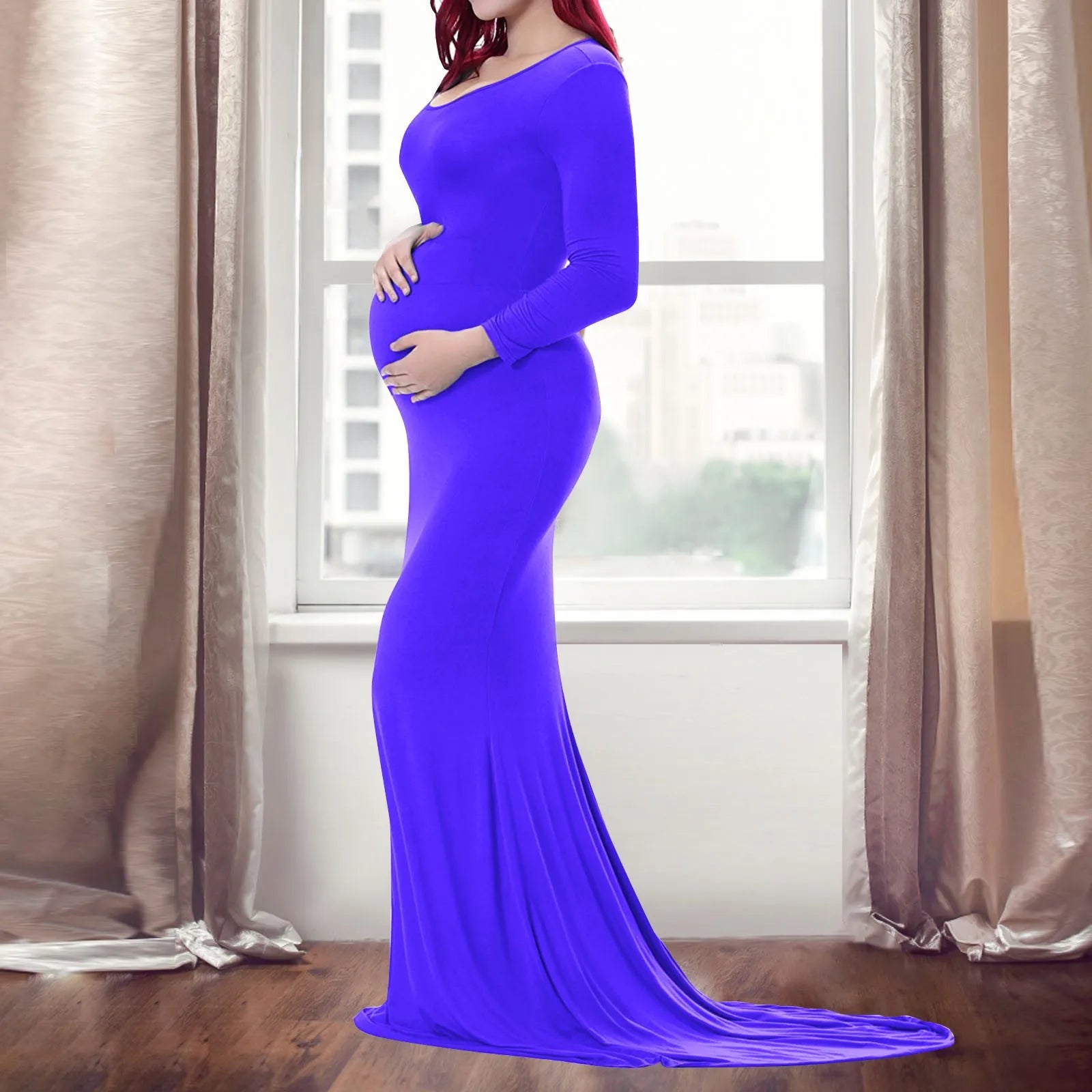 Women’s Cotton Maternity Photography Dress – Long Sleeve Crewneck Pregnancy Gown with Trailing Hem, Elegant Outfit