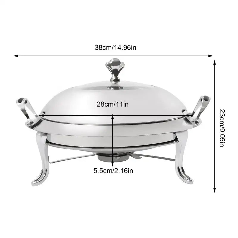 Round Stainless Steel Cooking Buffet Warmer Tray with Lid & Fuel Holder – 6 L / Professional Serving Set