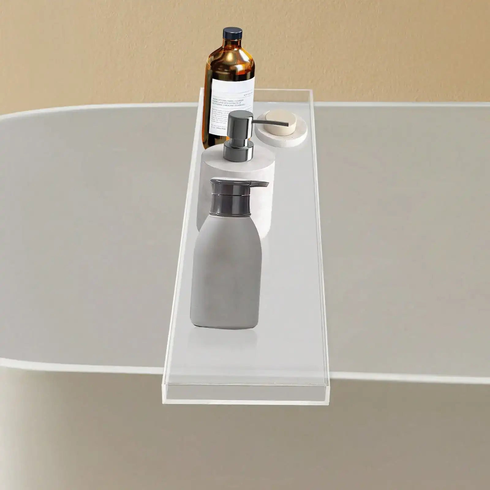 Expandable Bathtub Caddy Tray with Wine Glass & Book Holder – Luxury Acrylic/ Bamboo Bath Table Rack