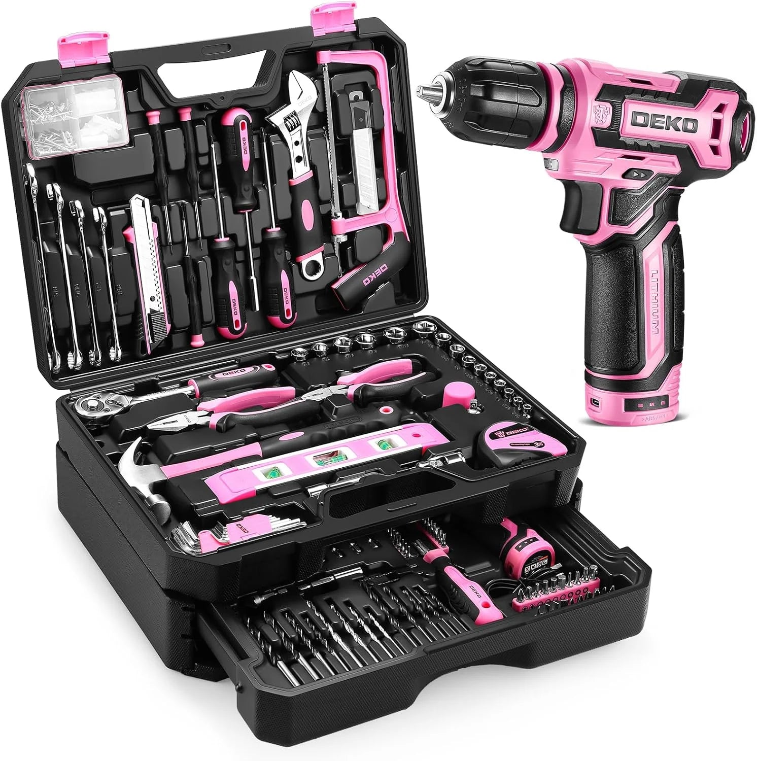 DEKO Home Mechanic Toolbox Set – 12 V Cordless Drill & Hand Tool Combo in Rolling Case